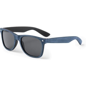 A pair of blue sunglasses with grey lenses and a sleek black interior. The design includes a logo on the frame.