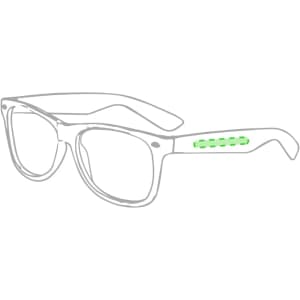 A pair of stylish sunglasses in a clear frame with a green accent on the side.