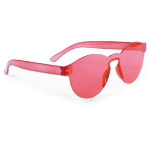 A pair of pink sunglasses with a futuristic design and transparent frames. Includes a logo on the arm.