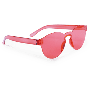 A pair of red sunglasses with a stylish, rounded design and clear arms, resting on a white surface.