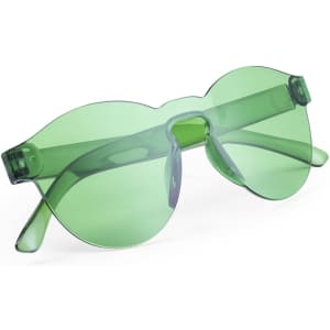 Green sunglasses with a distinctive oversized design and transparent frames, featuring a logo on the side.
