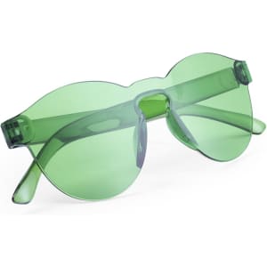Green sunglasses with a unique, oversized design and a transparent finish. Includes a logo on the frame.