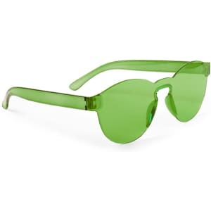Green sunglasses with a unique shape and a translucent design, featuring a small logo on the frame.