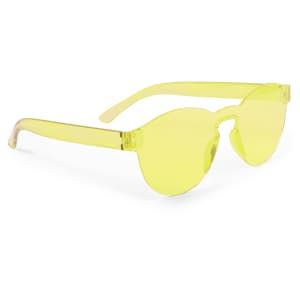 Yellow sunglasses with a slim, modern design and a logo on the frame, displayed against a white background.