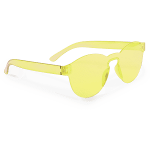 Yellow sunglasses with a sleek, modern design, displayed on a white case. The product has a logo on it.