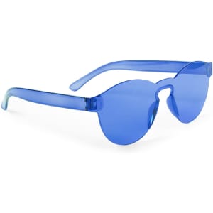 Blue sunglasses with a modern design, featuring transparent frames and dark blue lenses. Includes a logo on the frame.