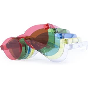 A collection of colourful sunglasses in red, green, yellow, and clear, stacked creatively. Some feature a logo.