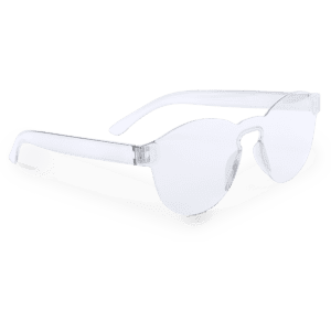 Clear sunglasses displayed on a white case, featuring a modern design with a minimalist aesthetic.