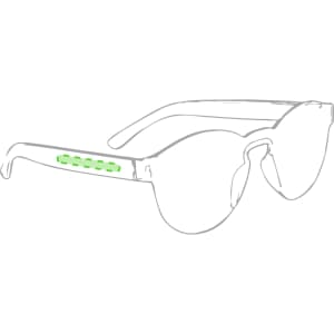 A pair of sunglasses featuring a clear frame with a green accent on the side. The design is stylish and modern.