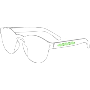 A pair of stylish sunglasses with a unique green accent on the arm and a sleek design.