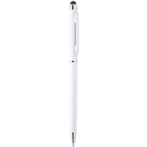 A white ballpoint pen with a stylus tip and chrome accents, featuring a sleek design and a clip for attachment.