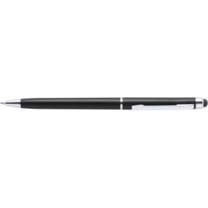 A black stylus touch ball pen with silver accents and a clip. The pen features a rubber tip for touchscreen use.