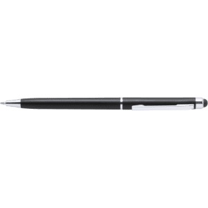 A black stylus touch ball pen with a shiny clip and a stylus tip on top. It features a branding logo.