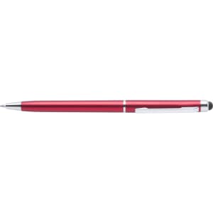 A red stylus touch ball pen featuring a silver clip and end. It includes a branding logo on the barrel.