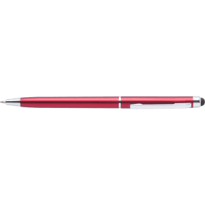 A red stylus touch ball pen with a metallic finish and a clip, featuring a branding logo.