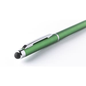 A green stylus touch ball pen with a silver clip and a rounded tip. It features a sleek, matte finish.