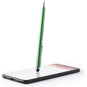 A green stylus touch ball pen is positioned upright on a smartphone screen, featuring a sleek design and a branding logo.