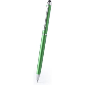 A green ballpoint pen with a stylus tip and a shiny chrome clip, featuring a branding logo.