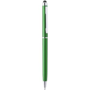 A green stylus touch ball pen with a metallic finish and a chrome clip, featuring a logo on the body.