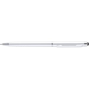 A silver stylus touch ball pen with a sleek design and a clip for easy attachment. It features branding.