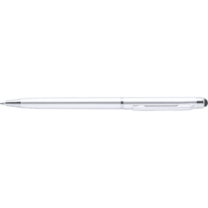 A silver stylus touch ball pen featuring a smooth design and a clip for easy attachment.
