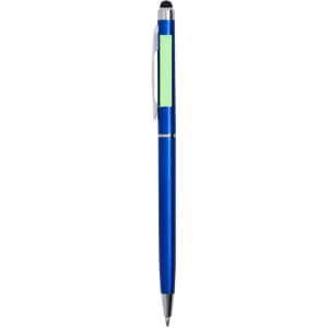 A blue stylus touch ball pen with a silver clip and a blank area for branding.