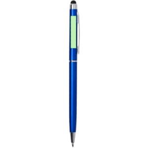 A blue stylus touch ball pen with a silver clip and a green section, featuring a logo.