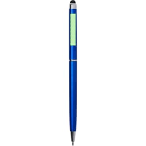A blue stylus touch ball pen featuring a logo and a smooth design. The pen contains a stylus tip at one end.