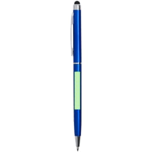 A blue stylus touch ball pen with a silver clip and a branding area.