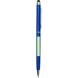 A blue stylus touch ball pen featuring a silver clip and a blank area for branding.