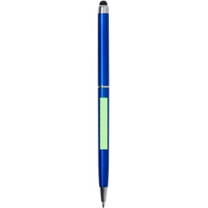 A blue stylus touch ball pen with a shiny finish and a green accent area, featuring a logo.