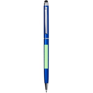 A blue stylus touch ball pen featuring a silver clip and a green accent area for branding or personalisation.