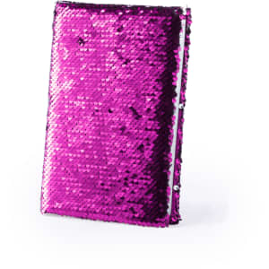 A vibrant pink sequined notepad with a shiny finish, featuring a branding logo.