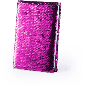 A pink sequined notepad featuring shimmering sequins and a sleek design. It includes a branding logo.