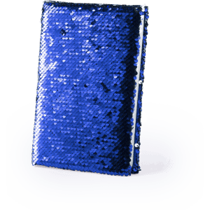 A blue sequin-covered notepad with a shiny, textured surface and a binding on the side. It features a logo.