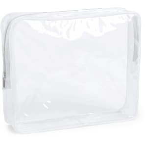 A transparent toiletry bag in white with a zip closure and a simple design, featuring a logo.