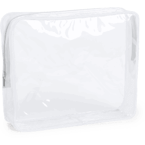 A clear, rectangular toiletry bag in white, featuring a zip closure and a simple design. It has a logo.