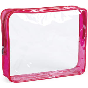 A transparent toiletry bag with pink edges and a zip closure. Features branding on the front.