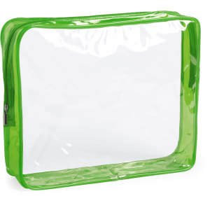 A bright green toiletry bag with a transparent front, featuring a zip closure and a simple rectangular shape.
