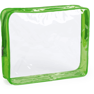 A transparent toiletry bag with a vibrant green frame, featuring a zip closure and minimalist design.