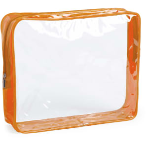A clear toiletry bag with orange edges and a zip closure, ideal for organising beauty products.