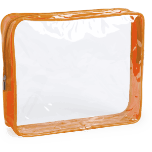 An orange toiletry bag with a transparent front panel and zip closure, featuring a simple design and no visible branding.