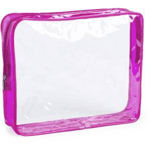 A clear toiletry bag with a bright pink frame, featuring a zip closure and a transparent design.