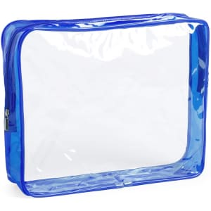 A blue transparent toiletry bag with a zip closure, featuring a rectangular design and a logo on the side.