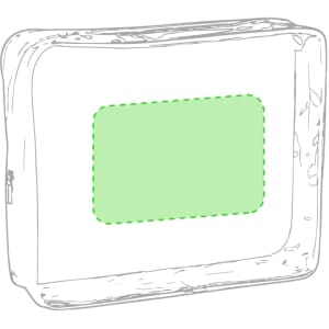 A grey toiletry bag with a rectangular green patch, featuring a logo. Ideal for storing beauty essentials.