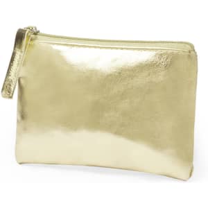 A metallic gold purse with a zip closure and a wrist strap, featuring a smooth, shiny surface.