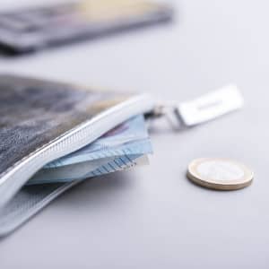 A purse with banknotes peeking out and a coin placed nearby, featuring a textured design and a zip closure.