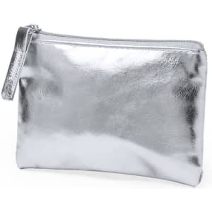 A silver metallic purse with a zip closure and a small handle. It has a smooth, shiny surface.