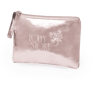 A rose gold purse with a zip closure and a wrist strap, featuring a floral logo design.