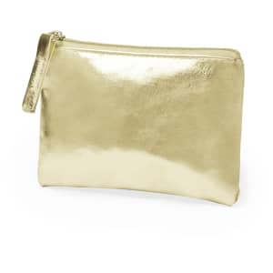 A shiny gold purse featuring a zip closure and a wrist strap, with a smooth metallic finish.